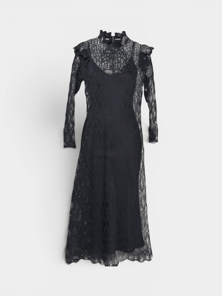 Black Lace Knit Mock Neck Midi Dress