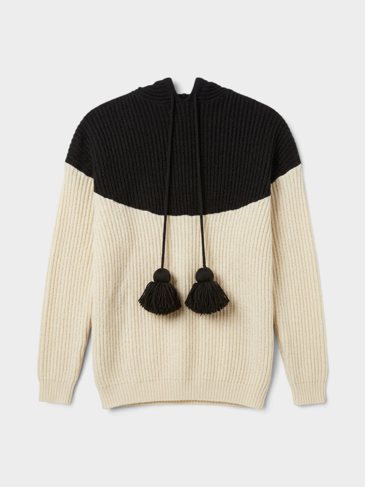 Black Ivory Pure Wool Colorblock Tassel Sweater