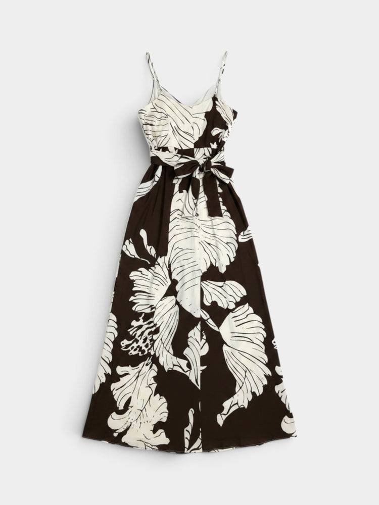 Brown Floral Silk Twist-Knot Dress