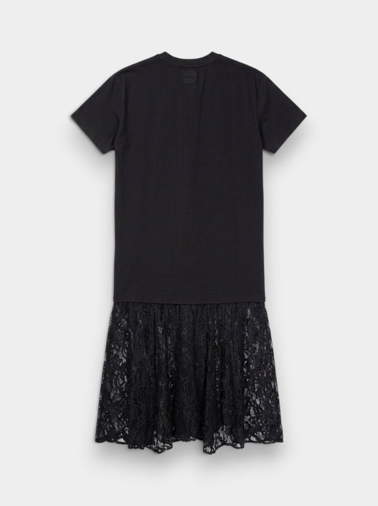 Black Graphic Lace Hem T-Shirt Midi Dress