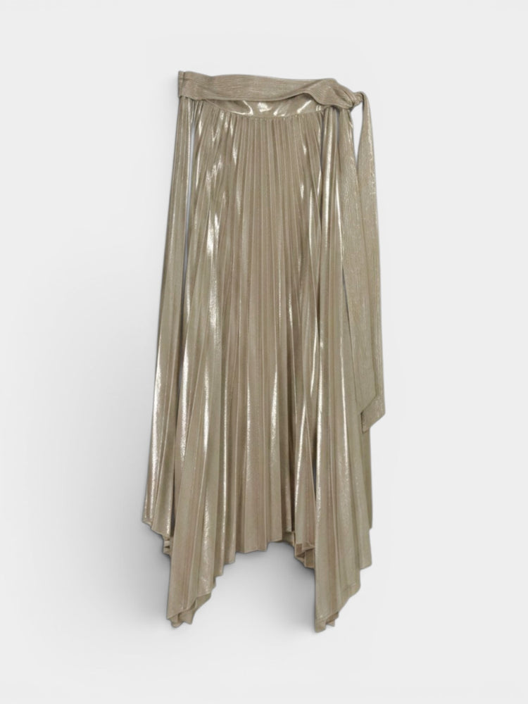 Gold Metallic Pleated Asymmetric Midi Skirt