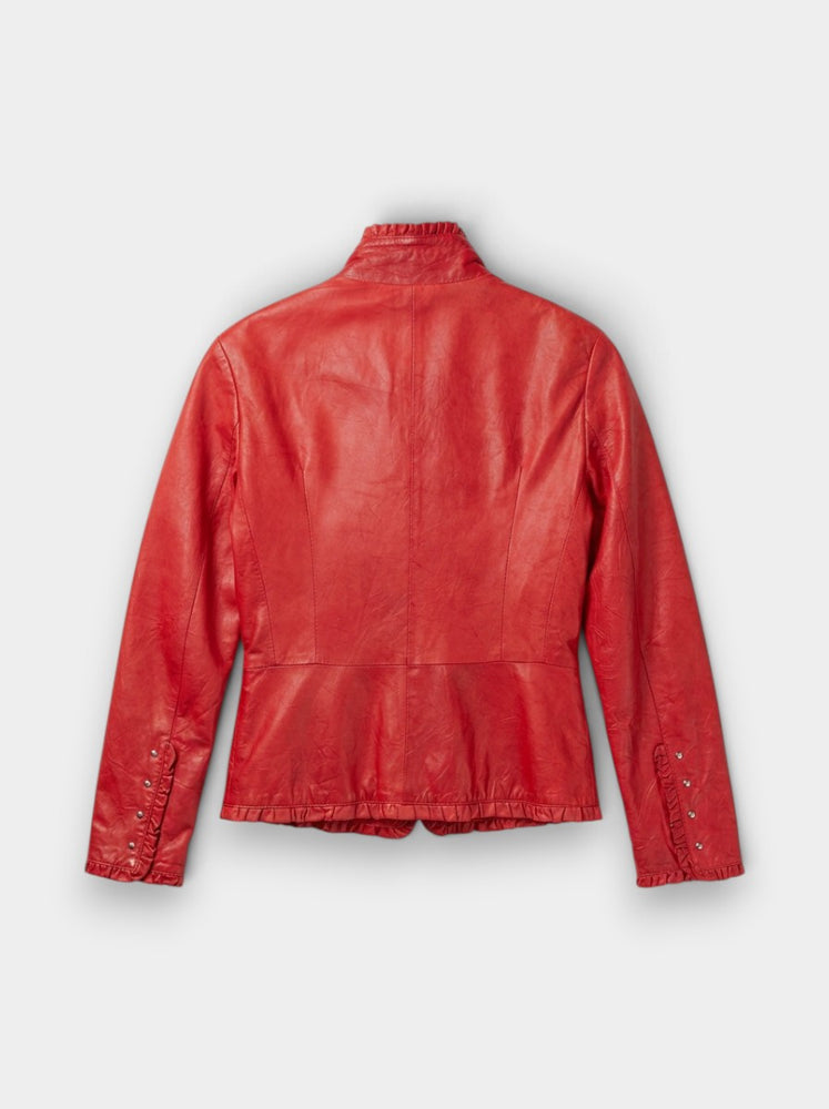 Red Genuine Lamb Leather Ruffle-Trim Button-Front Jacket