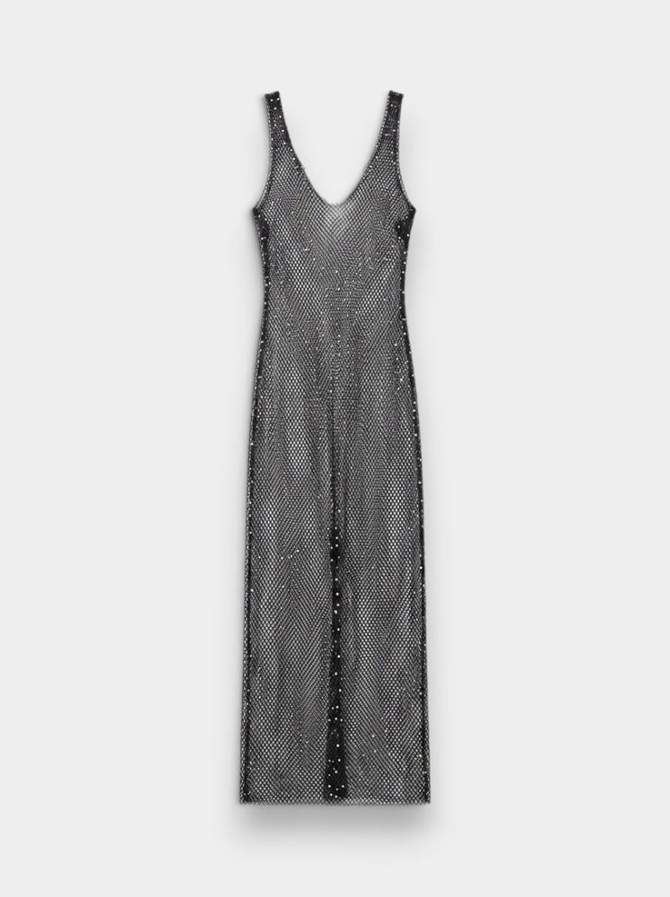 Black Crystal Rhinestone Fishnet Mesh Maxi Dress with Front Slit