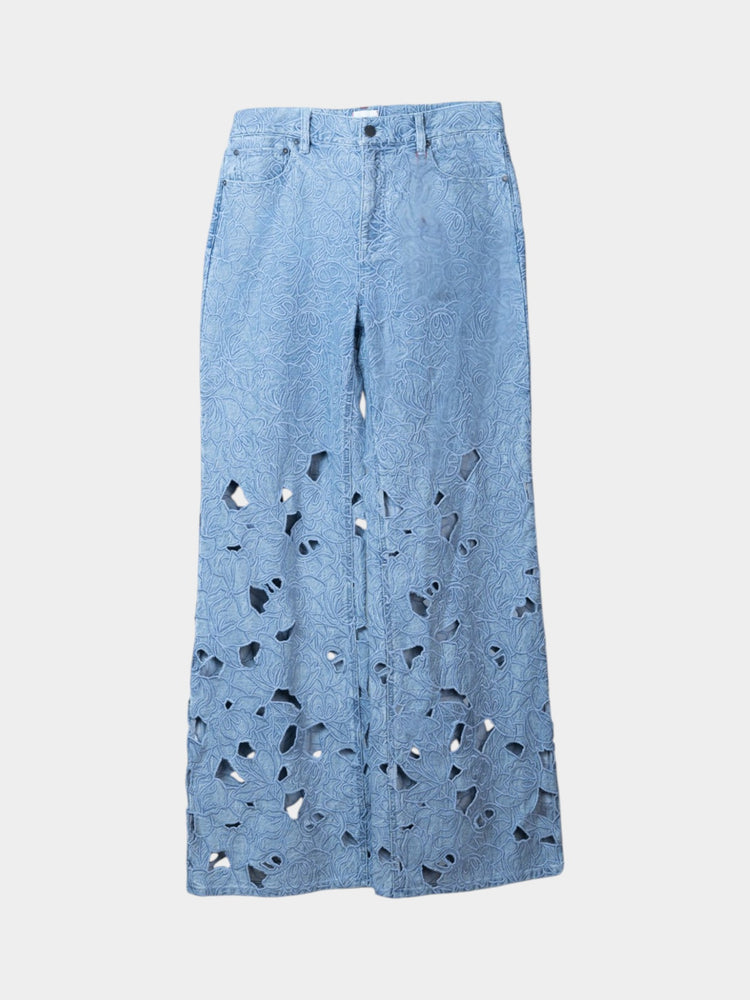 Blue Floral Cutout Wide-Leg Jeans