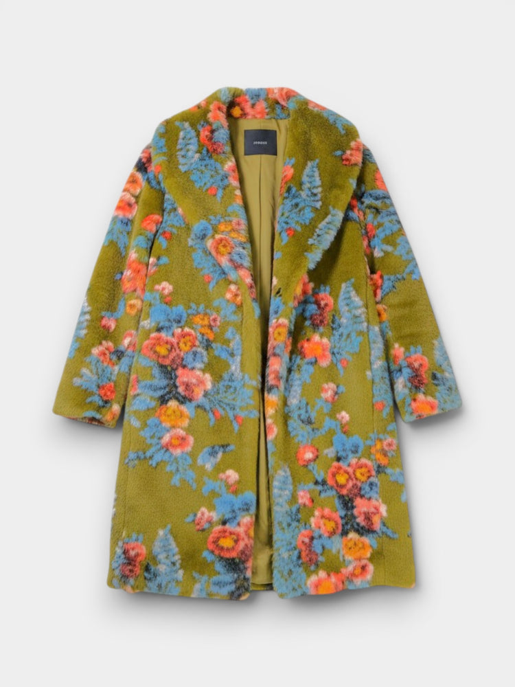 Uterqüe Olive Green Floral Faux Fur Longline Coat