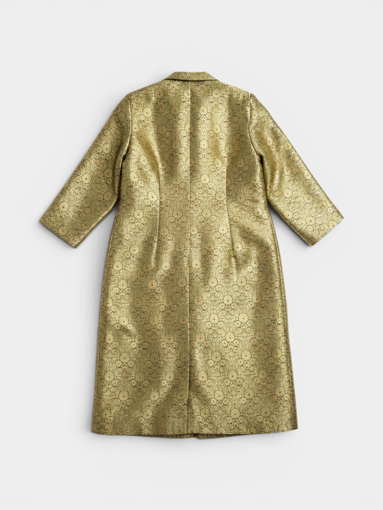 Gold Metallic Floral Brocade Midi A-Line Coat