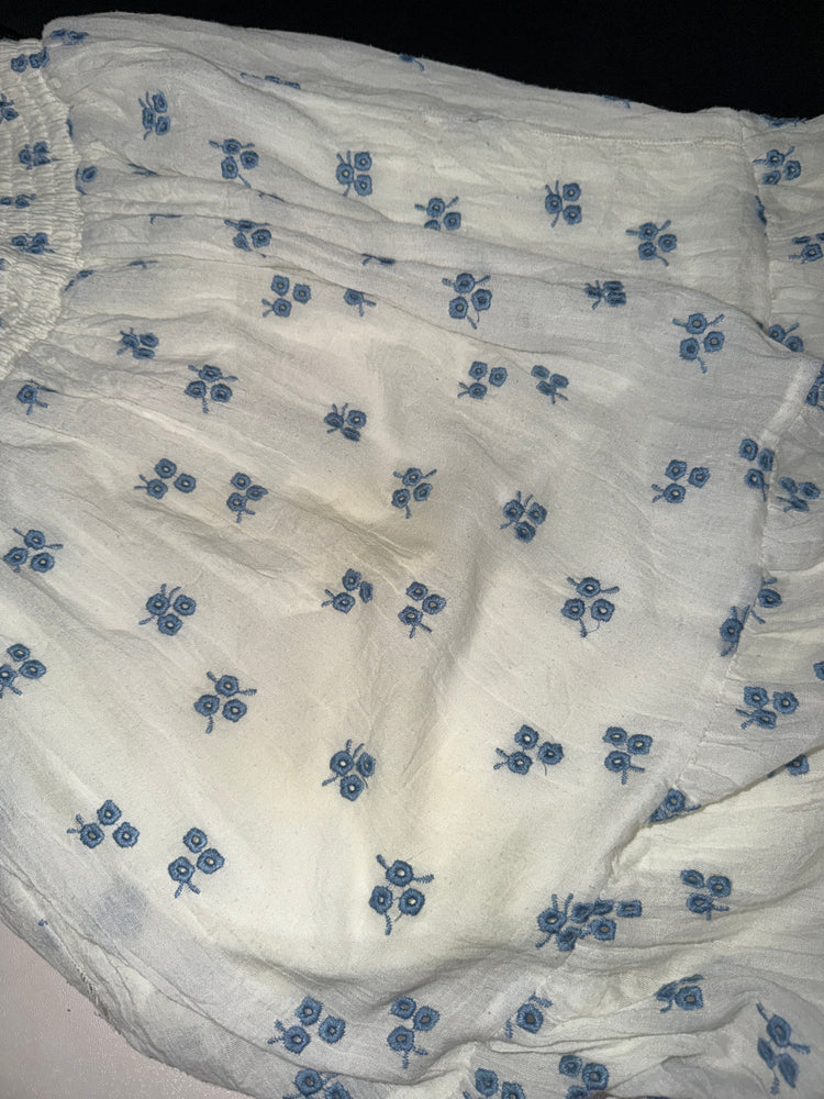 Ivory Blue Floral Smocked Bodice Puff Sleeve Tiered Maxi Dress