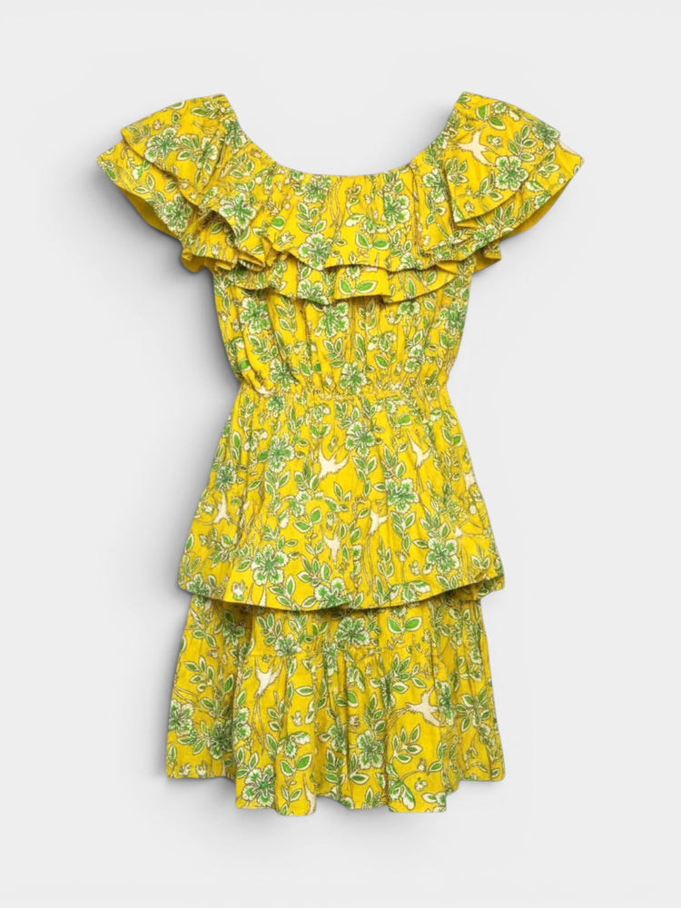 Yellow Floral Print Smocked Off-Shoulder Tiered Ruffle Mini Dress