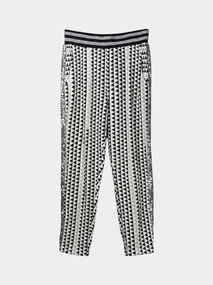 Black and White Geometric Print Cropped Pull-On Tapered Pants