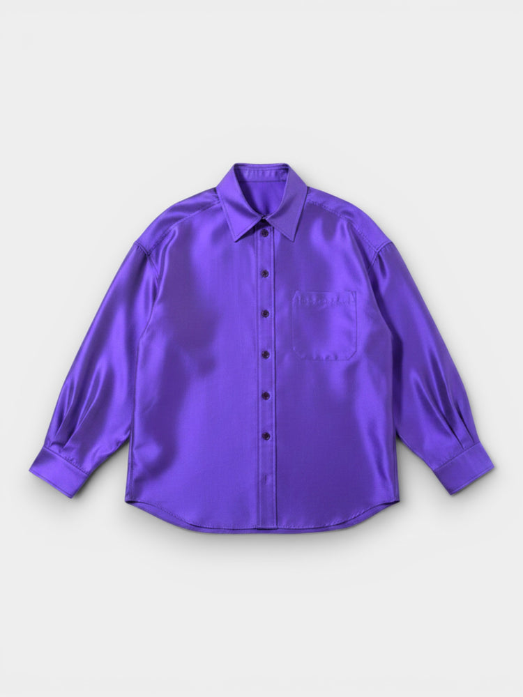 Purple Satin Oversized Button-Down Blouse Shirt