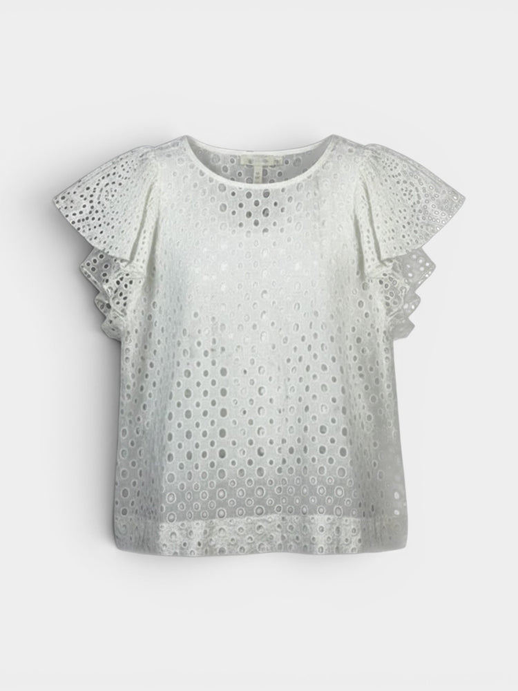 White Cotton Eyelet Flutter Sleeve Blouse