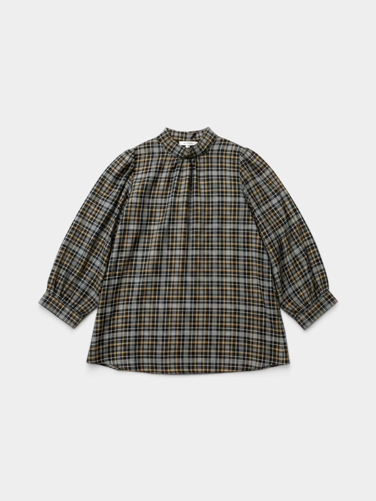 Black Plaid Cotton Flannel Gathered Collar Blouse