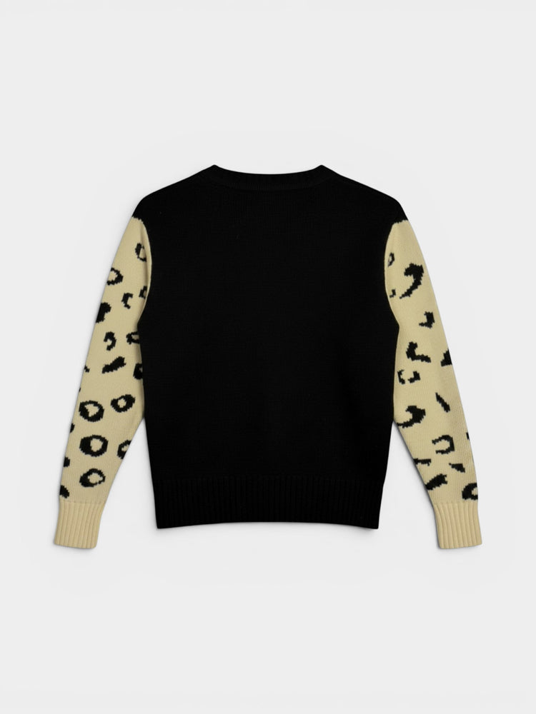 Leopard Intarsia Graphic Knit Crew Neck Sweater