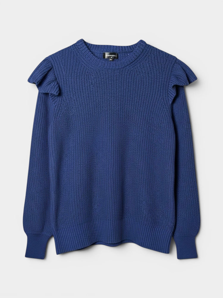 Cobalt Blue Chunky Knit Ruffle Shoulder Sweater
