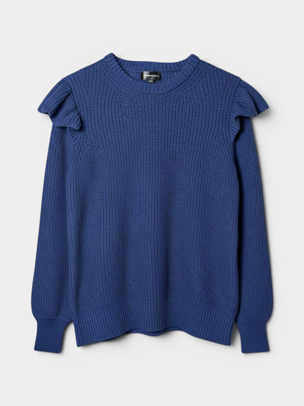 Cobalt Blue Chunky Knit Ruffle Shoulder Sweater