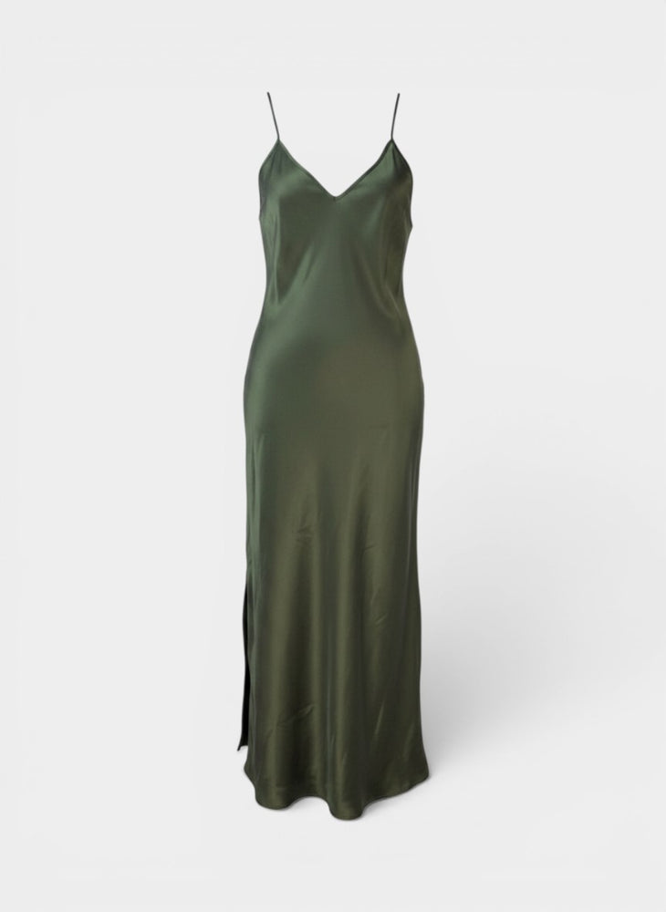 Olive Green Silk Bias-Cut Maxi Slip Dress