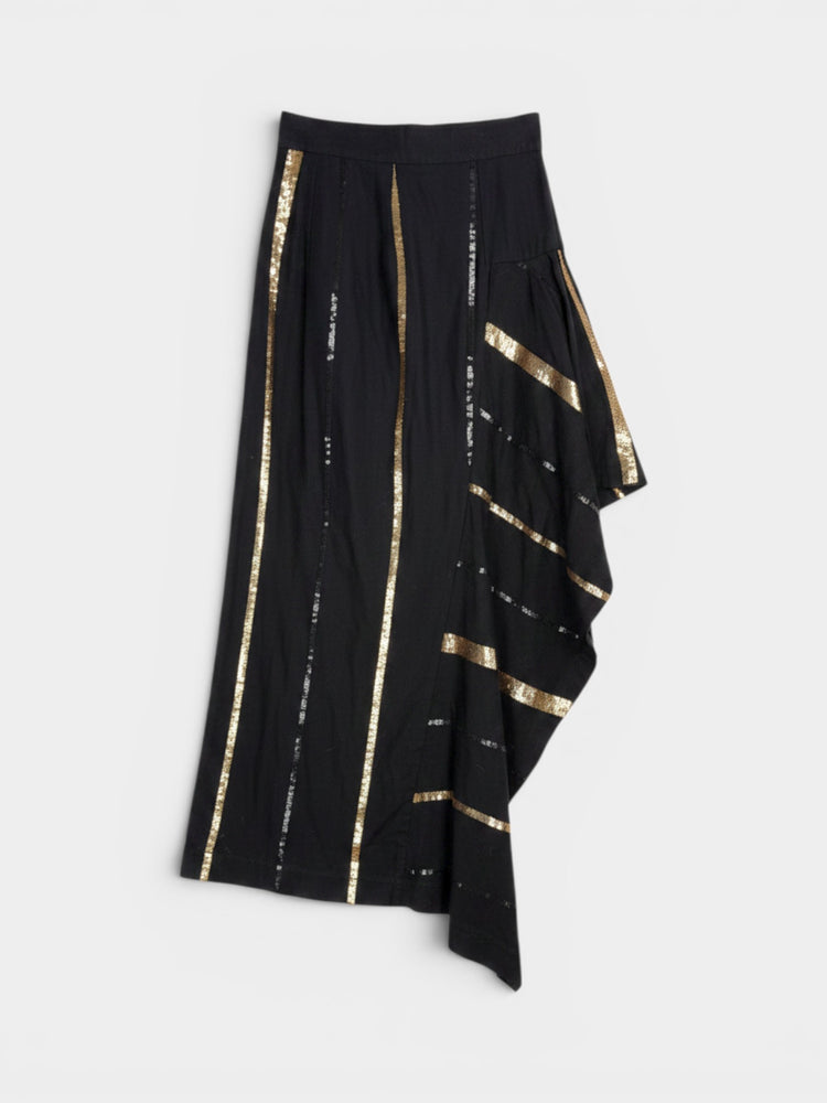 Black & Gold Sequin Stripe Asymmetric Maxi Skirt