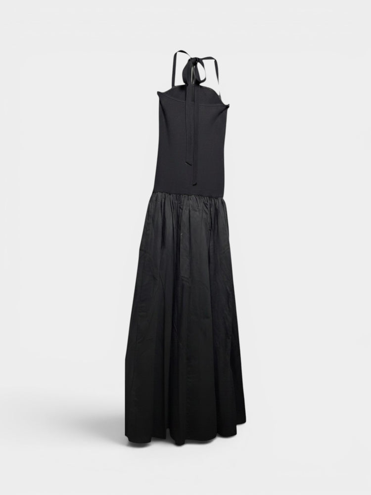 Black Halter Tie Maxi Dress with Gathered Skirt