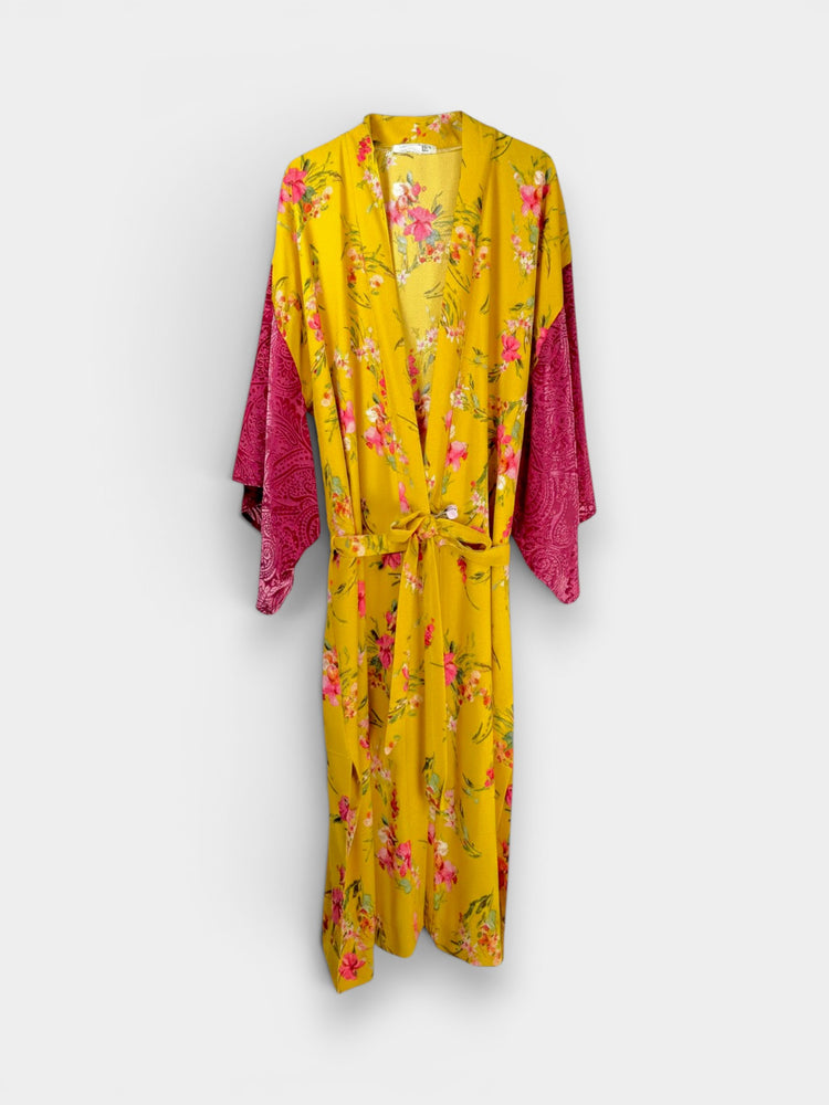 Mustard Yellow Floral Maxi Kimono Robe with Paisley Sleeves