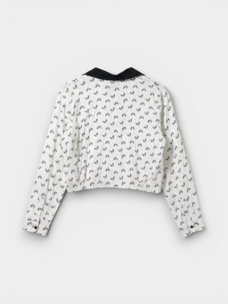 Ivory Cropped Button-Front Printed Blouse