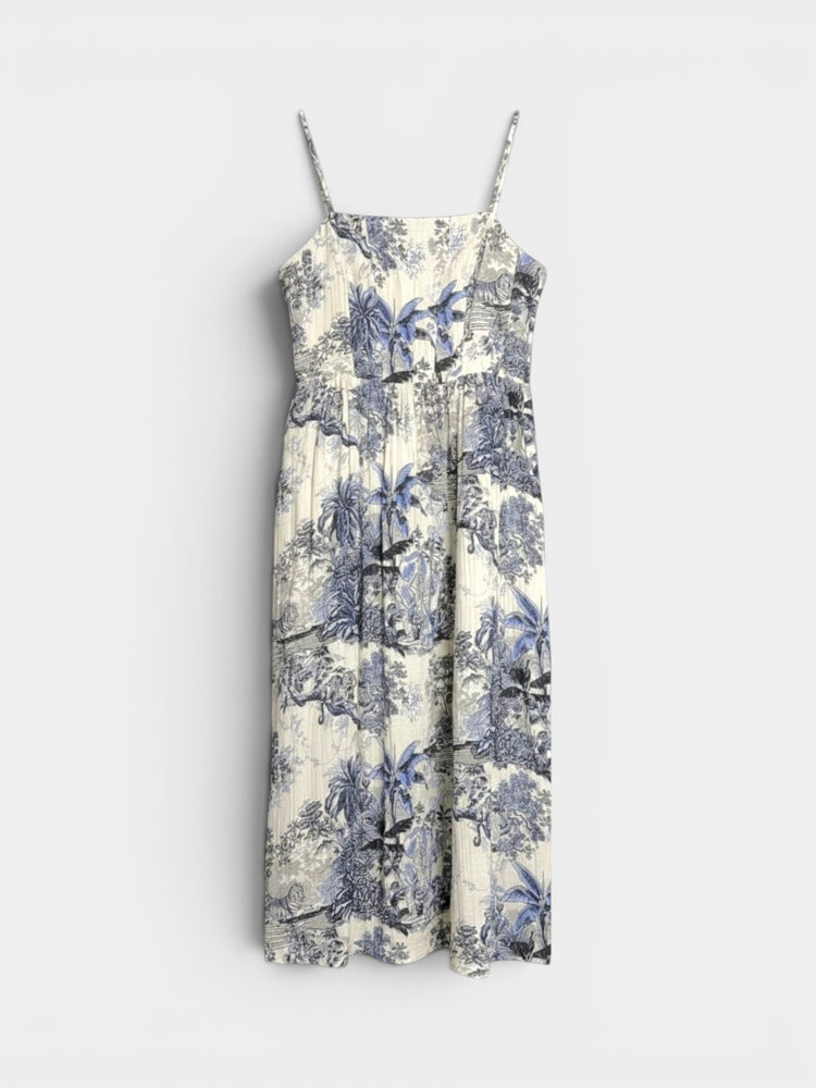 Ivory Blue Toile De Jouy Smocked Bodice Midi Sundress