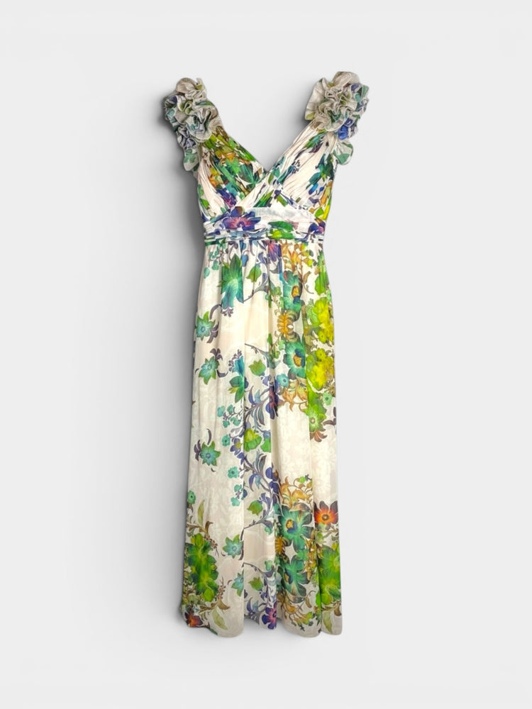 Ivory Floral Linen Blend Ruffle Strap Maxi Dress