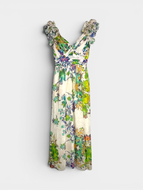 Ivory Floral Linen Blend Ruffle Strap Maxi Dress