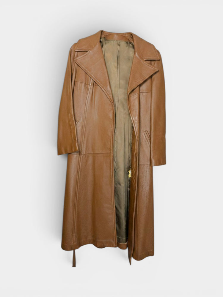 Vintage Cognac Leather Belted Trench Coat