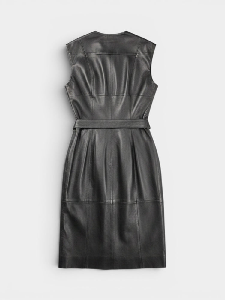 Black Lamb Leather Sleeveless Belted Midi Dress