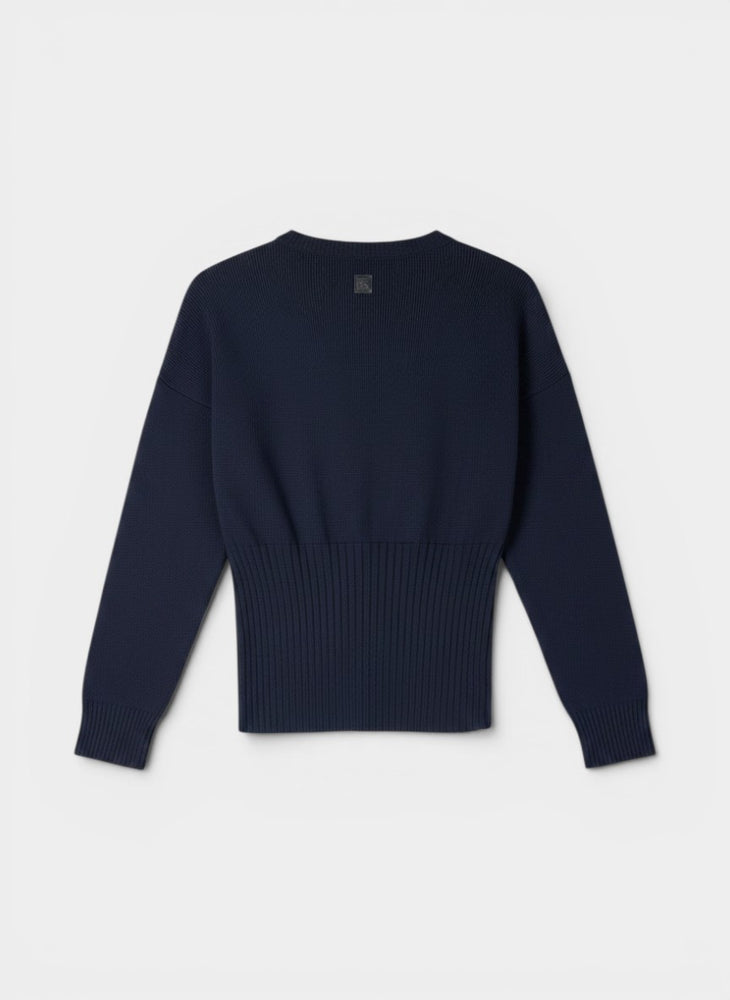 Navy Knit Crewneck Sweater with Ribbed Hem Detail