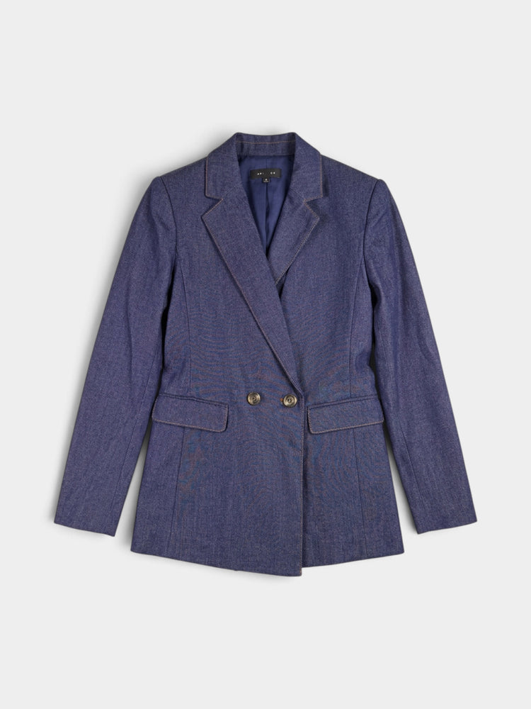 Navy Blue Chambray Denim Double Breasted Tailored Blazer