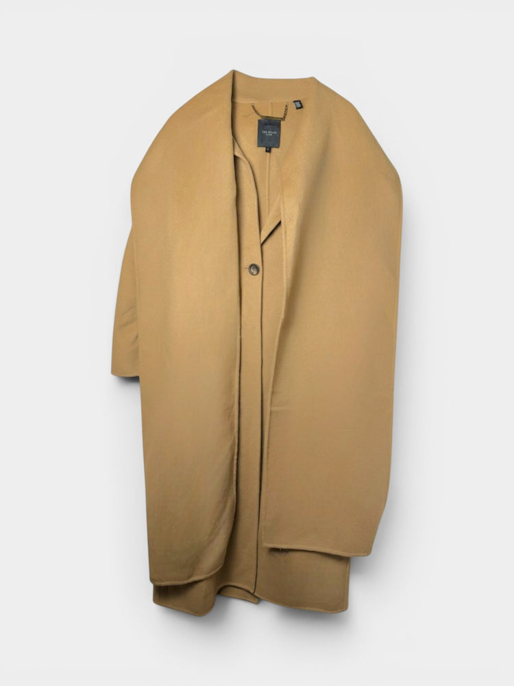Camel Wool Longline Coat with Scarf Collar