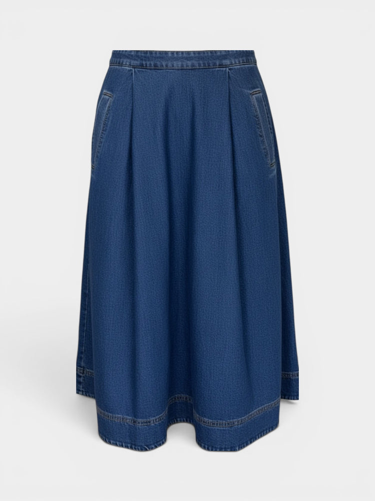 Blue Denim Pleated Midi A-Line Skirt