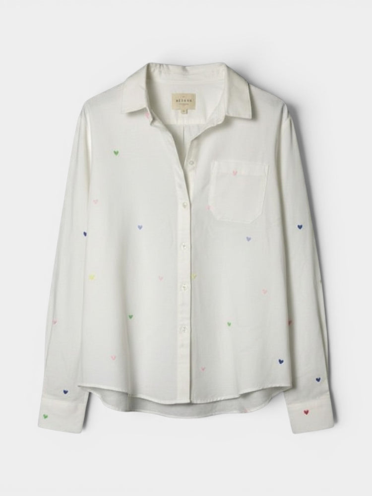 White Cotton Embroidered Heart Button-Down Shirt