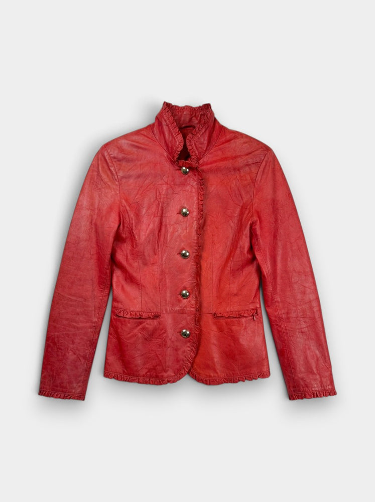 Red Genuine Lamb Leather Ruffle-Trim Button-Front Jacket
