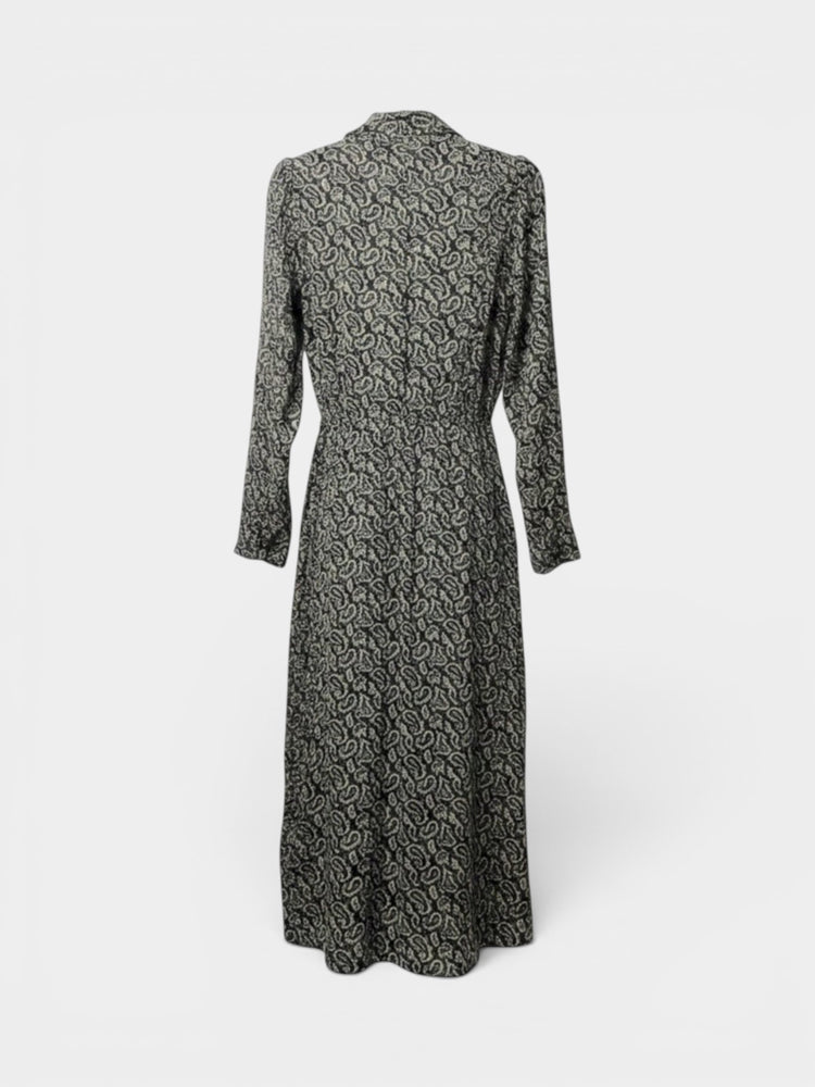 Black Cream Paisley Print Tie-Neck Midi Dress