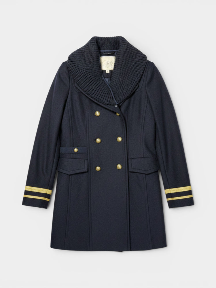 Navy Wool Blend Military Double-Breasted Coat with Knit Collar