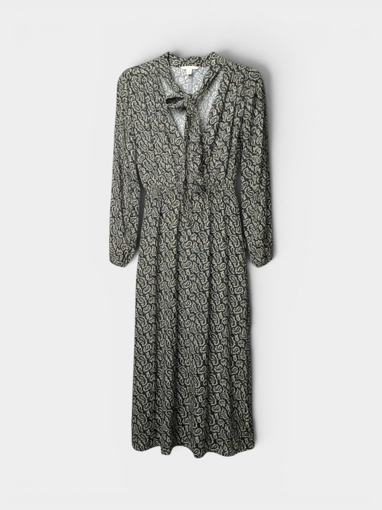 Black Cream Paisley Print Tie-Neck Midi Dress