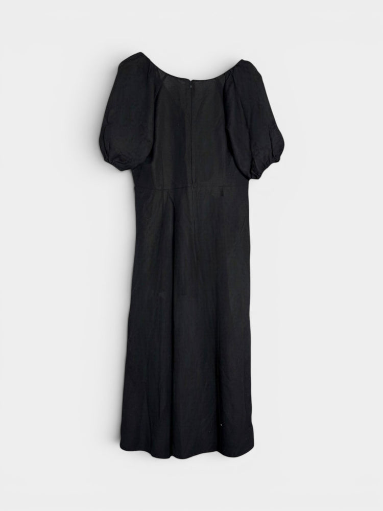 Black Puff Sleeve Midi Dress with V-Back