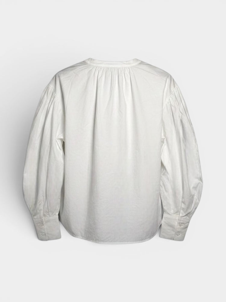 Ivory Cotton Poplin Bishop Sleeve V-Neck Blouse