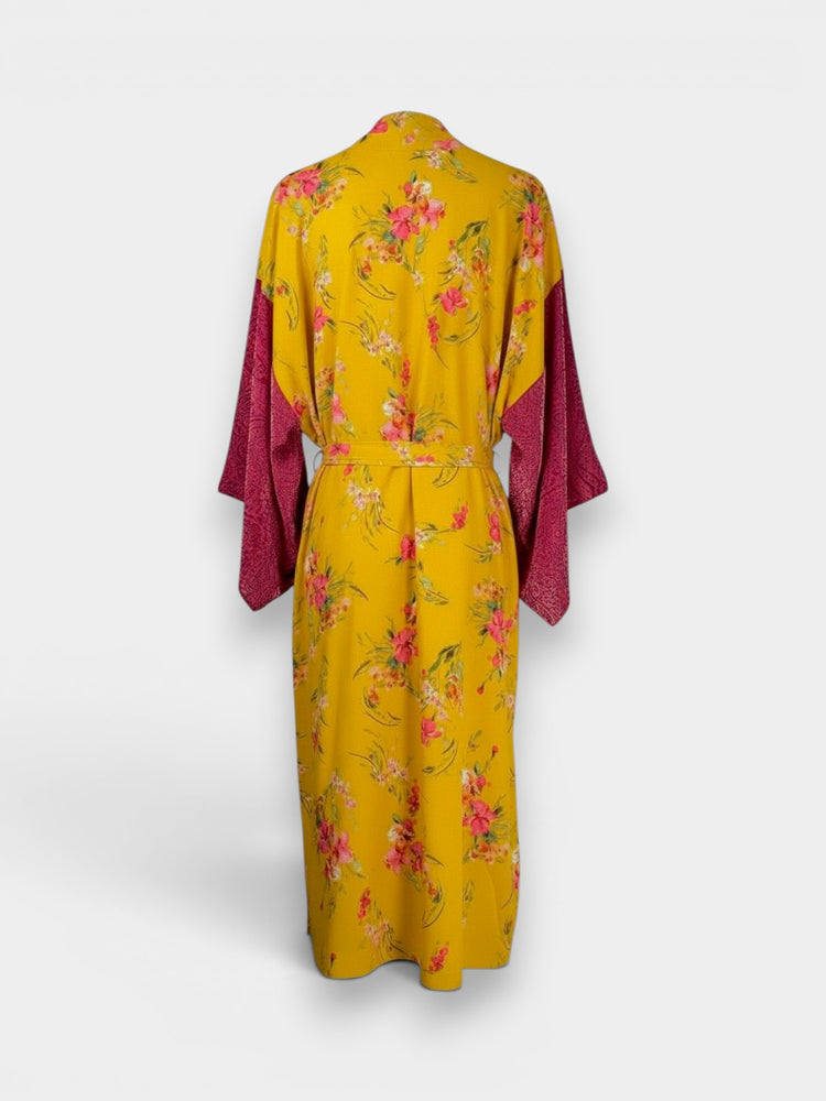 Mustard Yellow Floral Maxi Kimono Robe with Paisley Sleeves