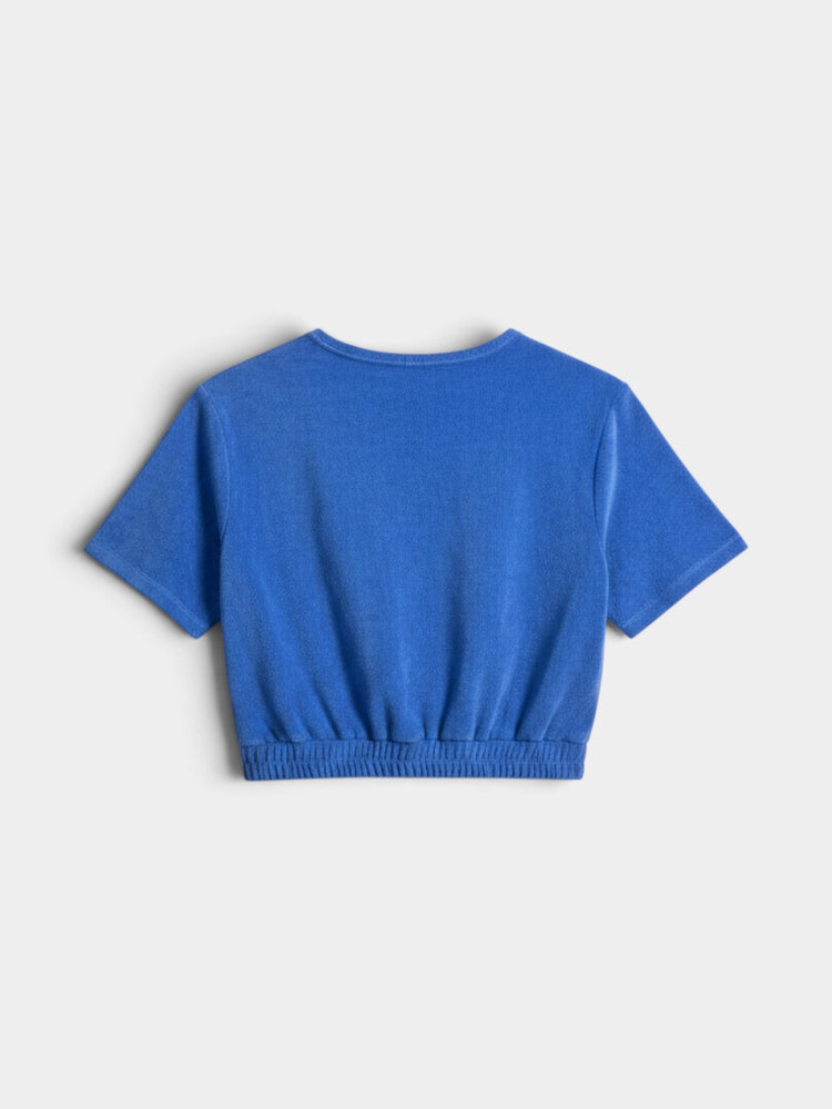 Blue Terry Cloth Cropped Top and Flare Pants Matching Set