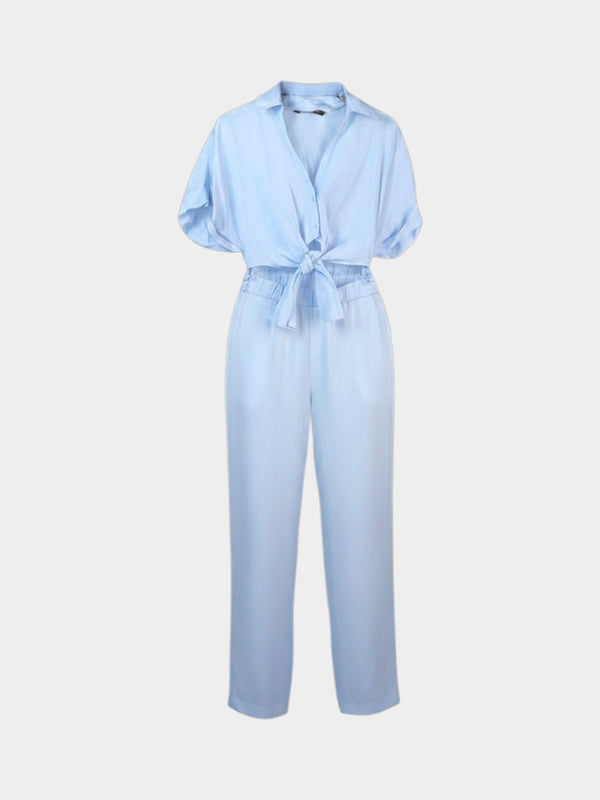 Light Blue Short-Sleeve Tie-Front Jumpsuit