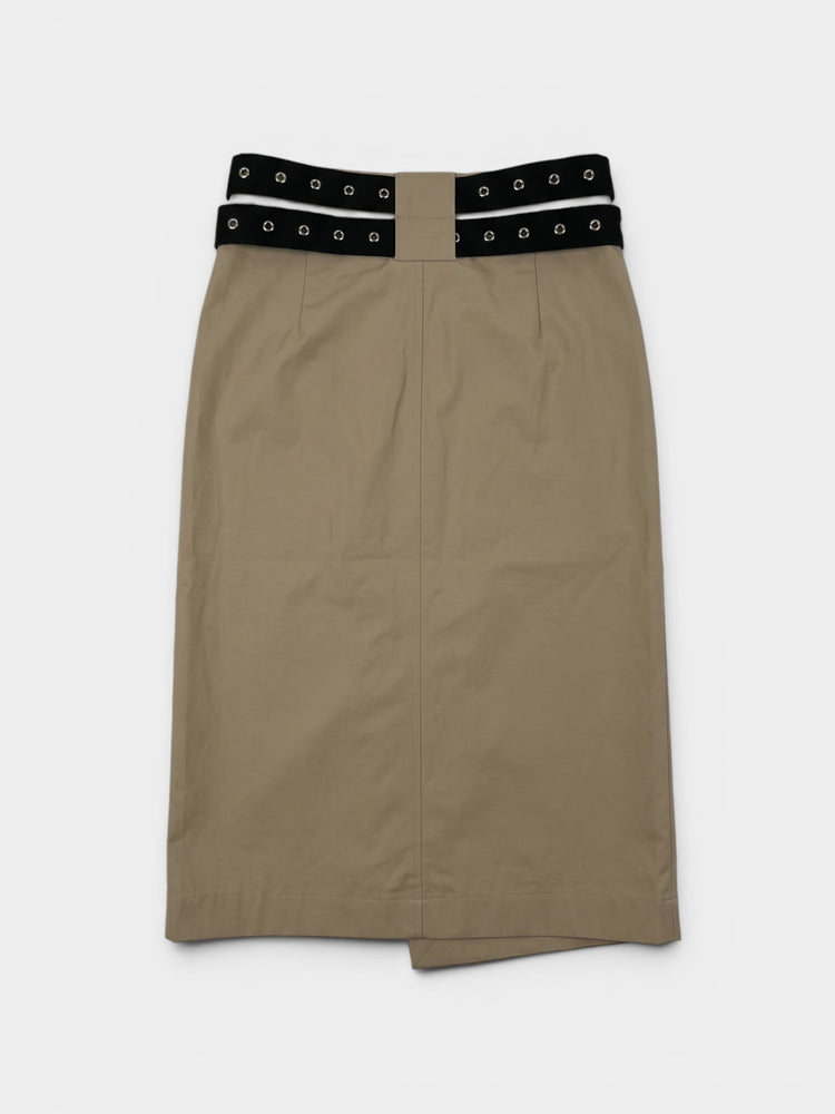 Beige Cotton Belted Midi Wrap Skirt