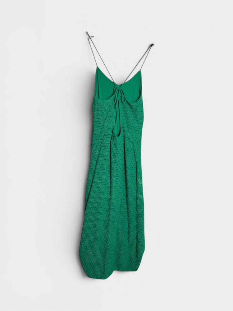 Emerald Green Open-Knit Midi Slip Dress with Tie Back