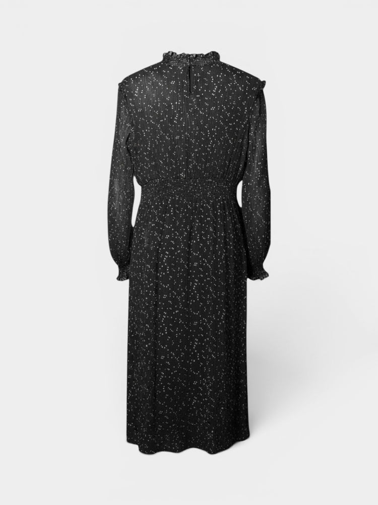 Black Dot Print Long-Sleeve Midi Dress with Ruffle High Neck