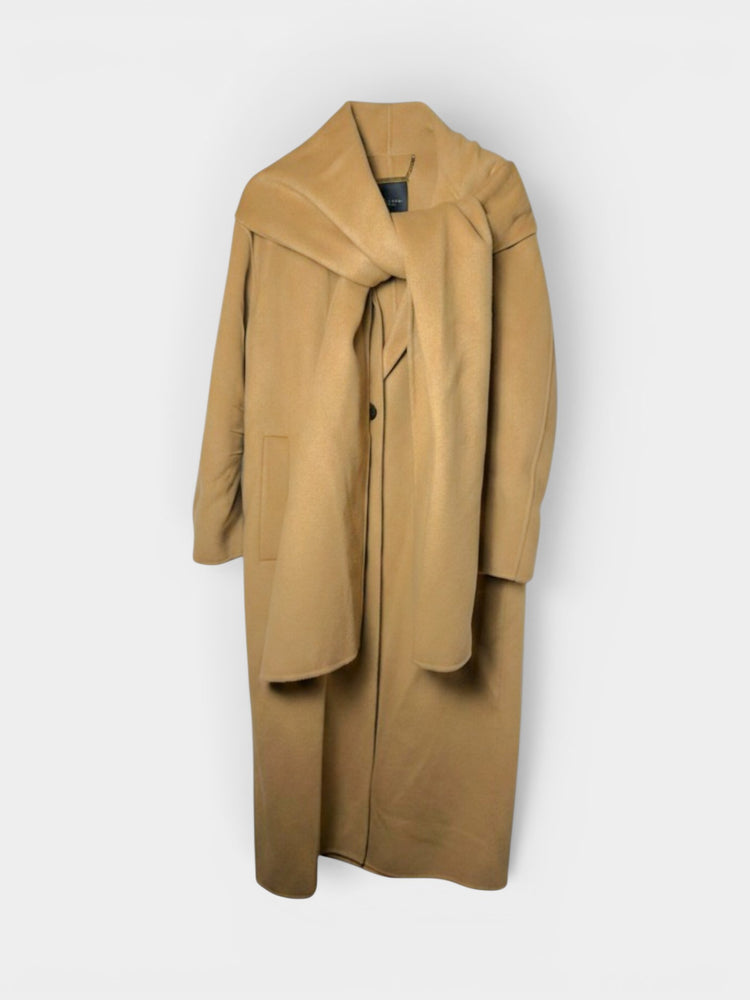 Camel Wool Longline Coat with Scarf Collar