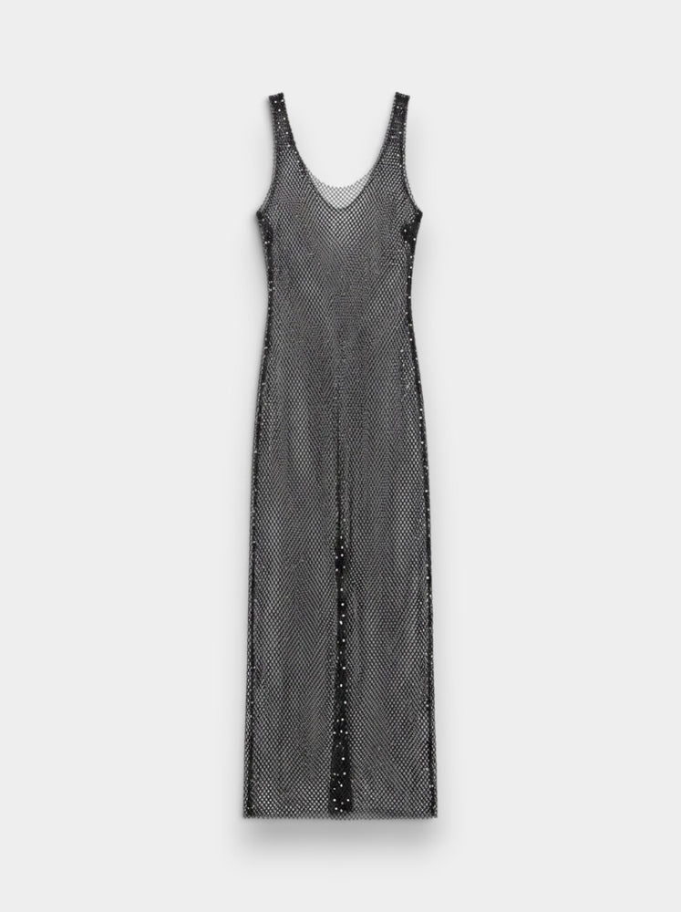 Black Crystal Rhinestone Fishnet Mesh Maxi Dress with Front Slit