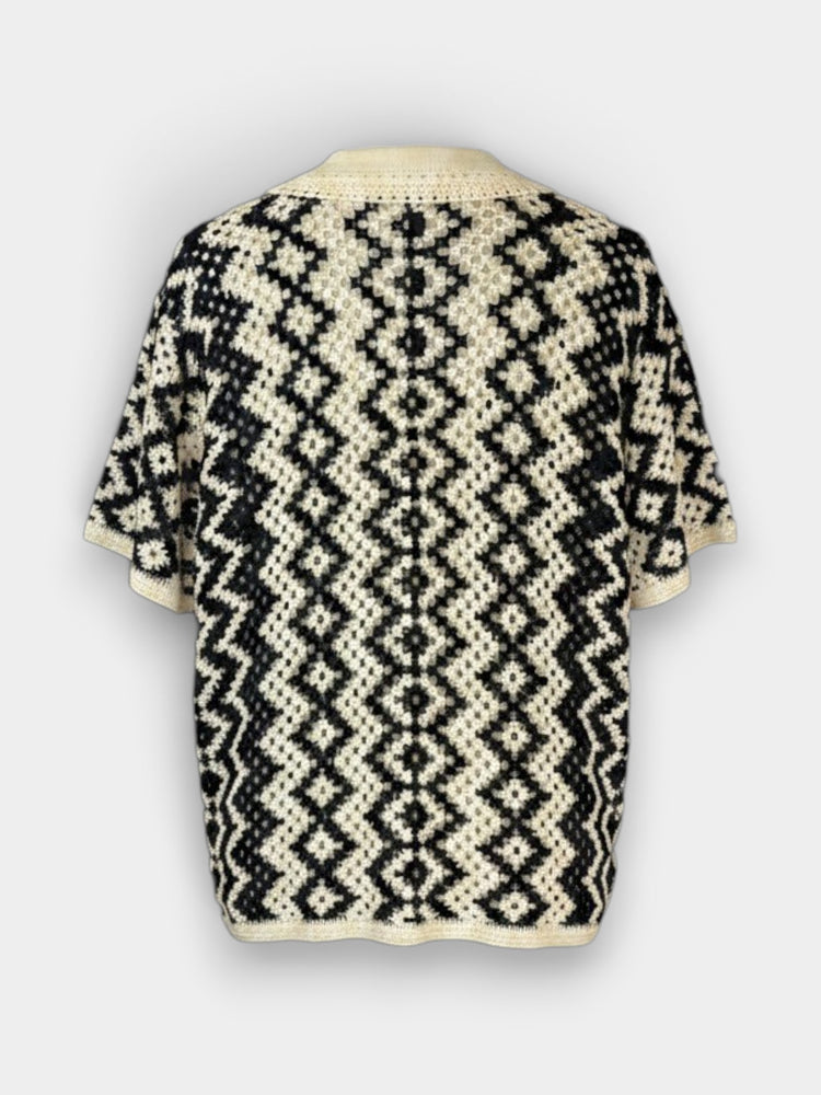 Ivory Black Geometric Crochet Short-Sleeve Cardigan