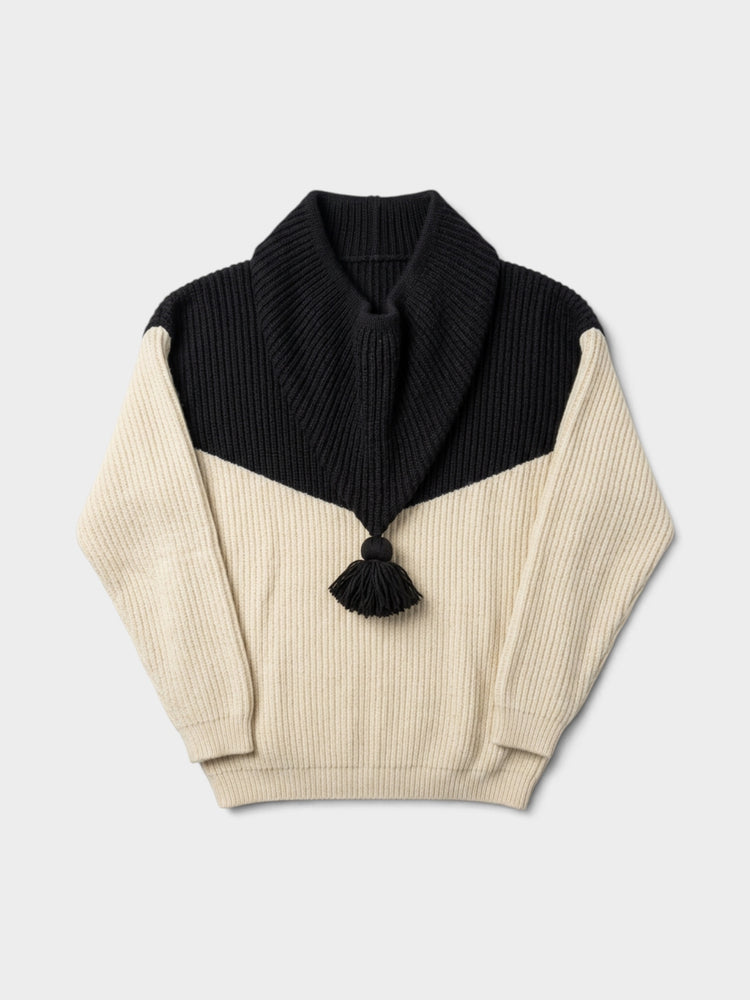 Black Ivory Pure Wool Colorblock Tassel Sweater